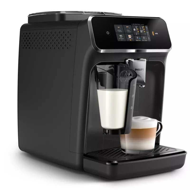Macchina per caffè espresso Philips EP2334/10 – automatica, macchina da appoggio, macinacaffè in ceramica integrato, serbatoio latte, filtro AquaClean, touchscreen, nero