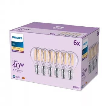 Lampadina filamento Philips candela trasparente 40W P45 E14 x6, 4,3 W, 40 W, E14, 470 lm, 15000 h