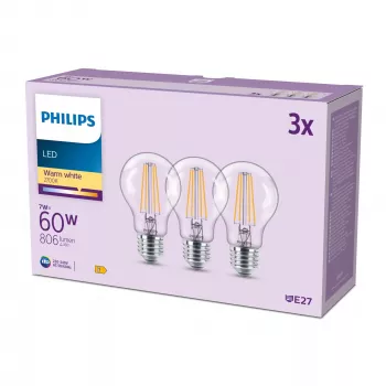 Lampadina filamento Philips trasparente 60 W A60 E27 x3, 7 W, 60 W, E27, 806 lm, 15000 h, bianco caldo