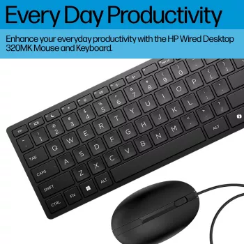 Set tastiera e mouse desktop con filo HP 320MK — USB, tastiera full-size, nero, cavo 1,8 m