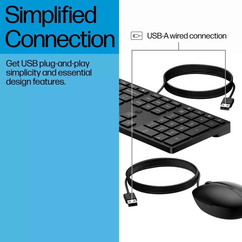 Set tastiera e mouse desktop con filo HP 320MK — USB, tastiera full-size, nero, cavo 1,8 m