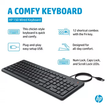 Tastiera con filo HP 150 full-size USB nera cavo 1m