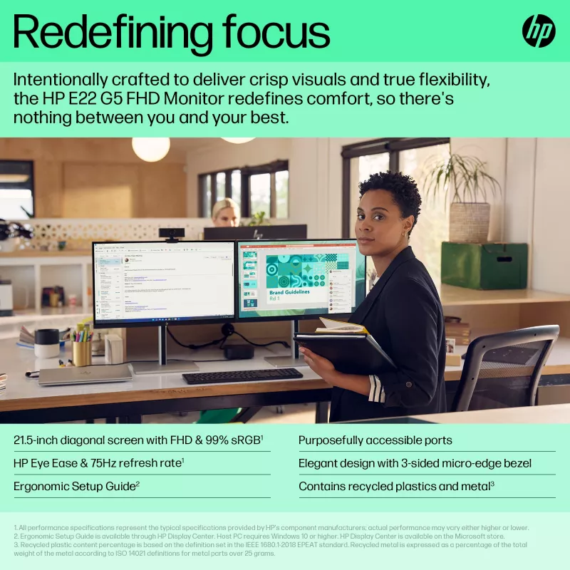 HP E-Series E22 G5 FHD monitor, 54,6 cm (21,5 pollici), Full HD, LCD, 5 ms (ricondizionato)