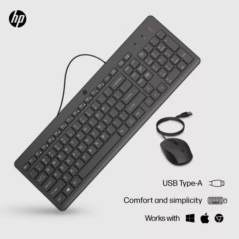 Set tastiera e mouse con filo HP 150 — tastiera a membrana USB full-size, nero, con mouse USB con filo