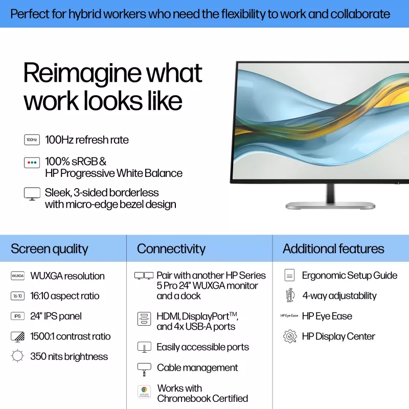 HP Series 5 Pro 24 pollici WUXGA monitor - 524pn, 61 cm (24 pollici), WUXGA, LCD, 5 ms, nero (ricondizionato)
