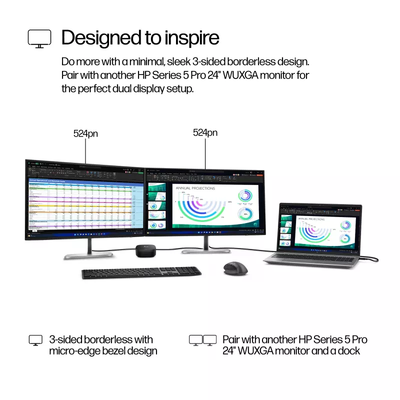 HP Series 5 Pro 24 pollici WUXGA monitor - 524pn, 61 cm (24 pollici), WUXGA, LCD, 5 ms, nero (ricondizionato)