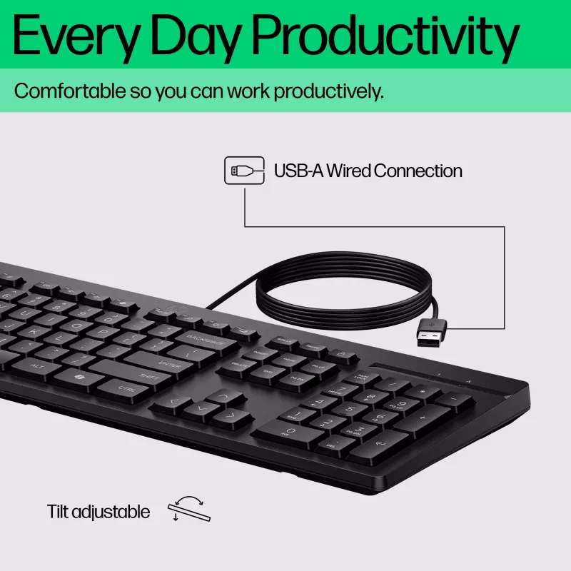 Tastiera USB con filo HP 125 G2 — layout compatto full-size HP, porta USB, tasti piatti