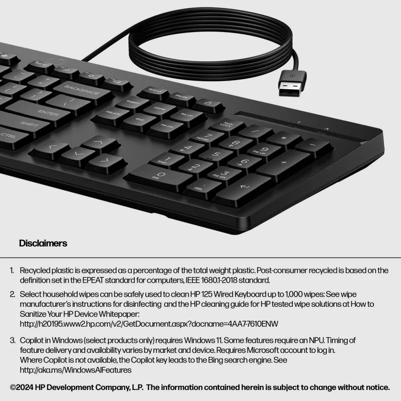 Tastiera USB con filo HP 125 G2 — layout compatto full-size HP, porta USB, tasti piatti