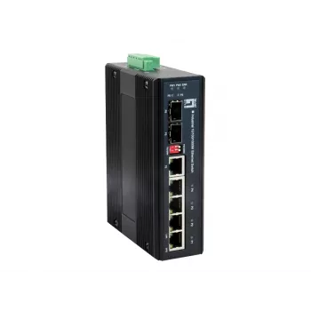 LevelOne switch industriale Gigabit 6 porte, 1 x SFP, 1 x SFP/RJ45 combo, da -40°C a 75°C, guida DIN