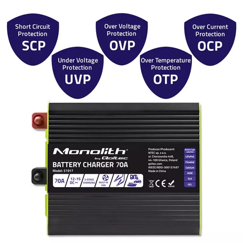 Caricabatterie QOLTEC 51917 per batterie LiFePO4/AGM/GEL/SLA, uscita 70 A
