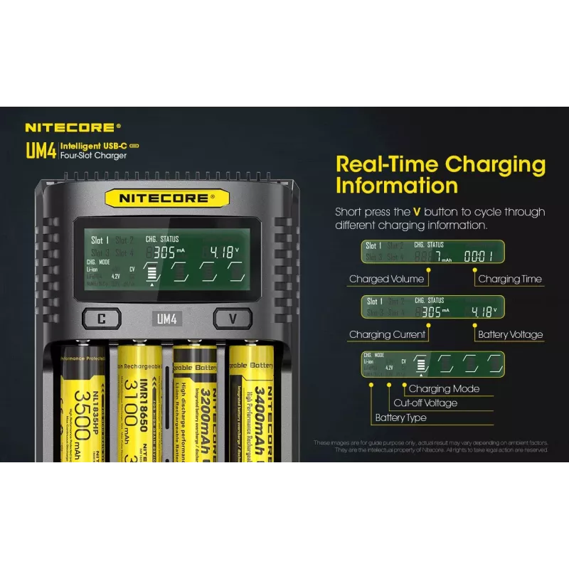 Nitecore UM4 caricabatterie batterie domestiche DC litio-ferro-fosfato litio-ione nichel-cadmio