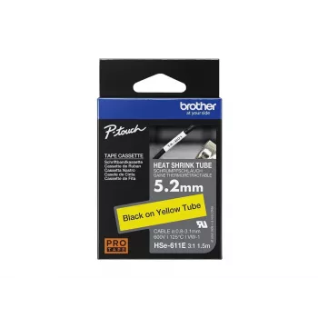 Brother HSe-611E tubo termorestringente, 5,2 mm x 1,5 m, nero su giallo
