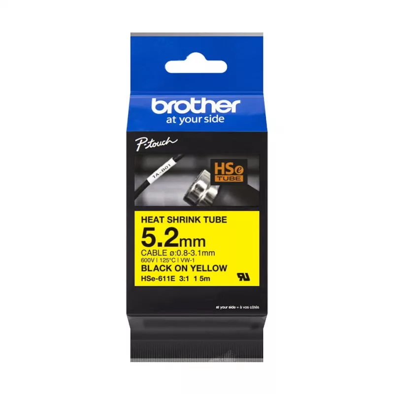 Brother HSe-611E tubo termorestringente, 5,2 mm x 1,5 m, nero su giallo