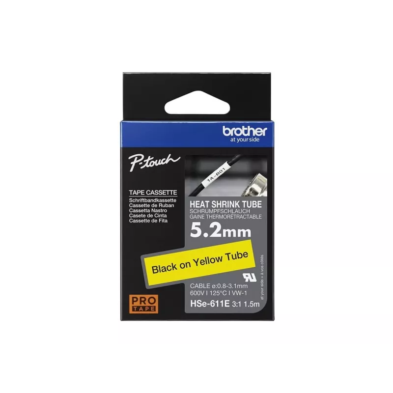 Brother HSe-611E tubo termorestringente, 5,2 mm x 1,5 m, nero su giallo