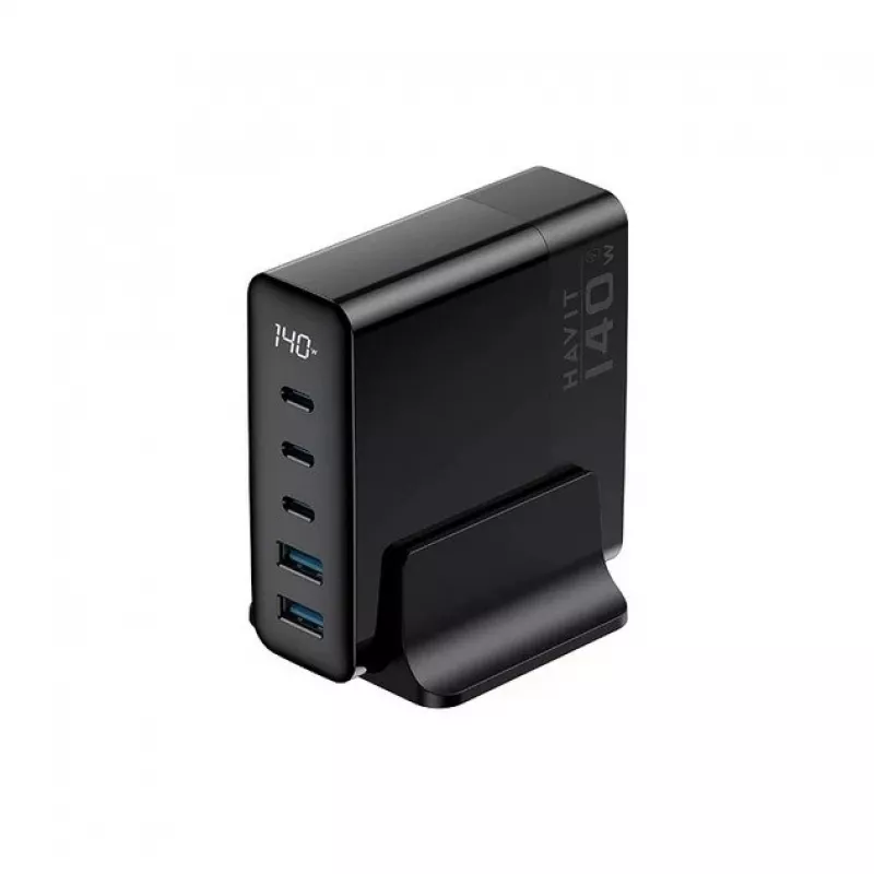 HAVIT Caricabatterie da viaggio UCLE004 EU 140W a cinque porte GaN nero