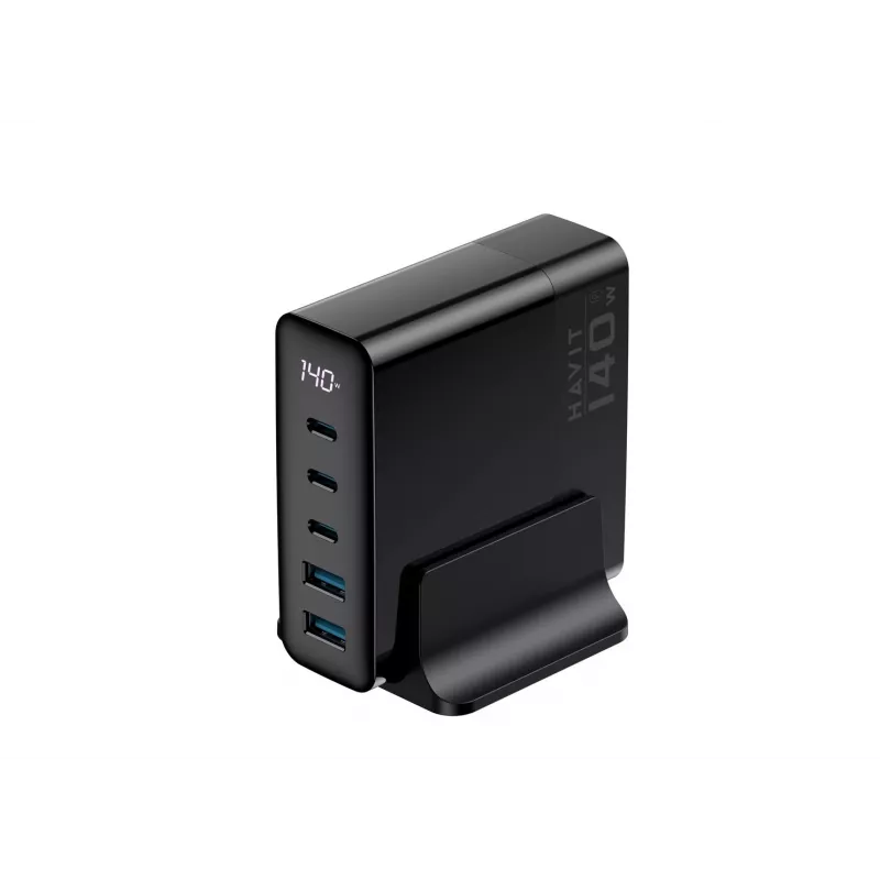 HAVIT Caricabatterie da viaggio UCLE004 EU 140W a cinque porte GaN nero