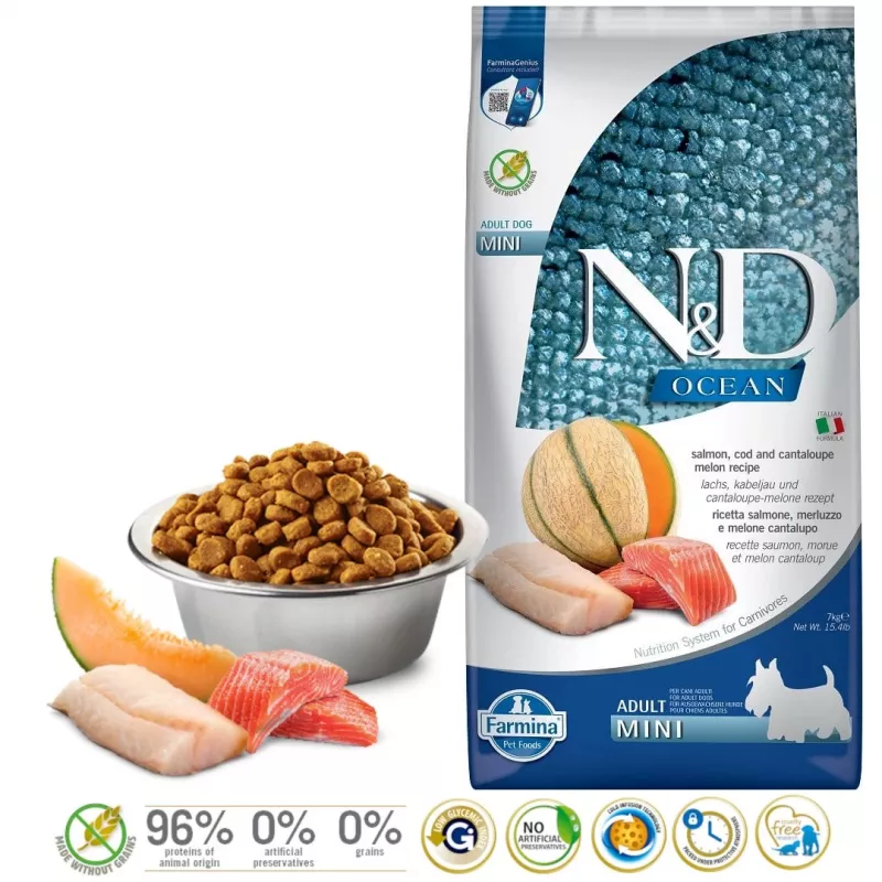 FARMINA N&D Ocean Dog Salmon, Cod, Cantaloupe, Melon Adult Mini - Crocchette per cani - 7 kg