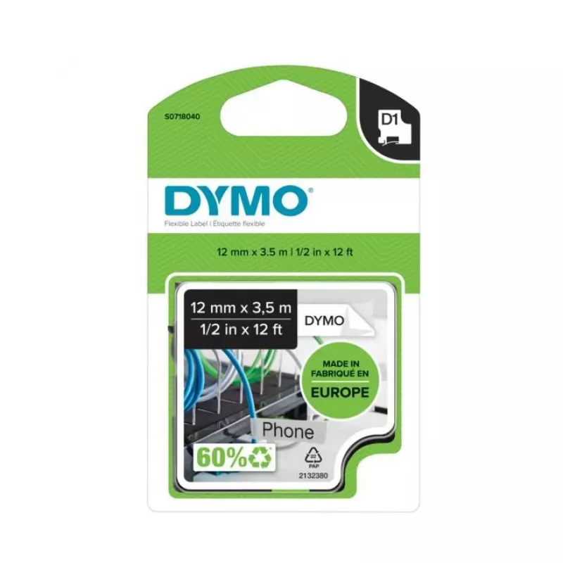 DYMO D1 nastro per etichette in nylon S0718050, 19 mm x 3,5 m, nero su bianco