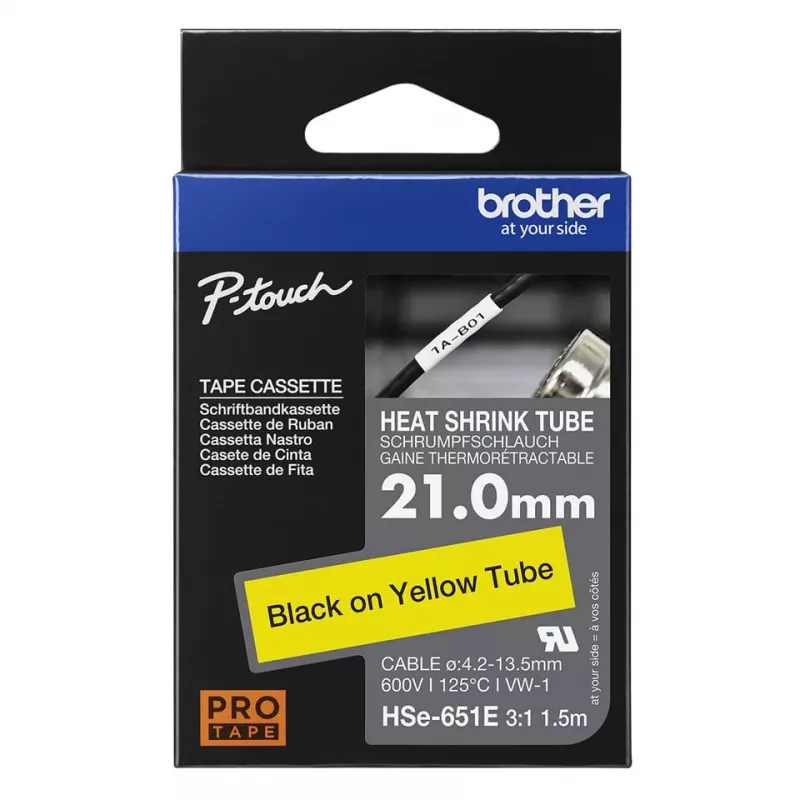 Brother HSe-651E tubo termorestringente, 21 mm x 1,5 m, nero su giallo