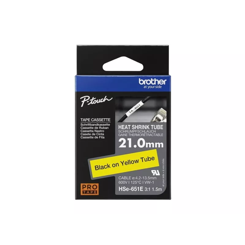 Brother HSe-651E tubo termorestringente, 21 mm x 1,5 m, nero su giallo