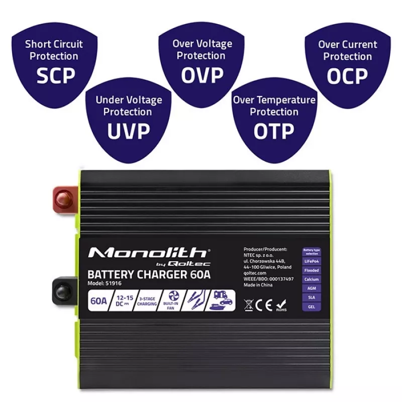 Caricabatterie QOLTEC 51916 60A 12V per batterie LiFePO4, AGM, GEL, SLA