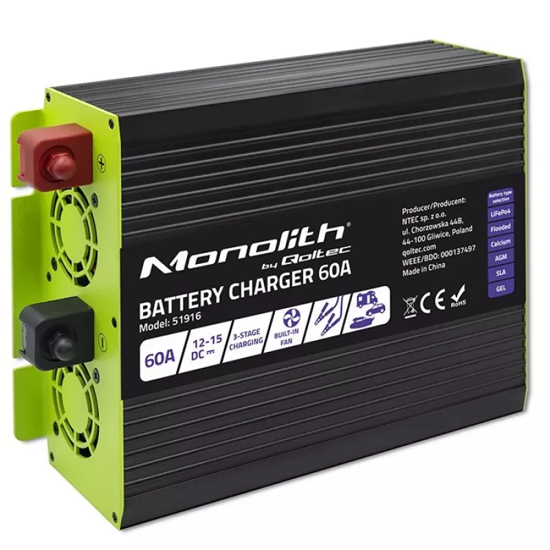 Caricabatterie QOLTEC 51916 60A 12V per batterie LiFePO4, AGM, GEL, SLA