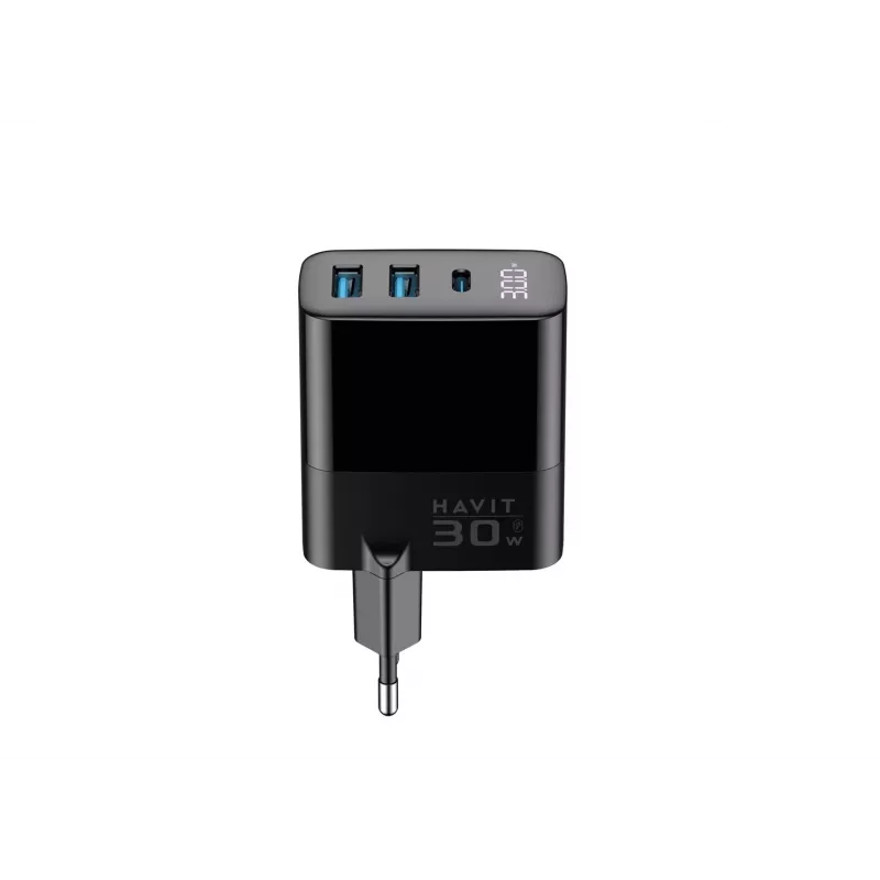 Caricabatterie HAVIT UCLE001 EU GaN tre porte 30 W nero — caricabatterie USB compatto con 3 porte