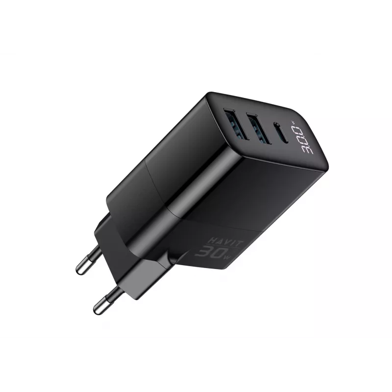 Caricabatterie HAVIT UCLE001 EU GaN tre porte 30 W nero — caricabatterie USB compatto con 3 porte