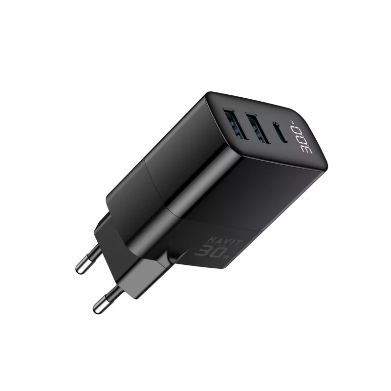 Caricabatterie HAVIT UCLE001 EU GaN tre porte 30 W nero — caricabatterie USB compatto con 3 porte