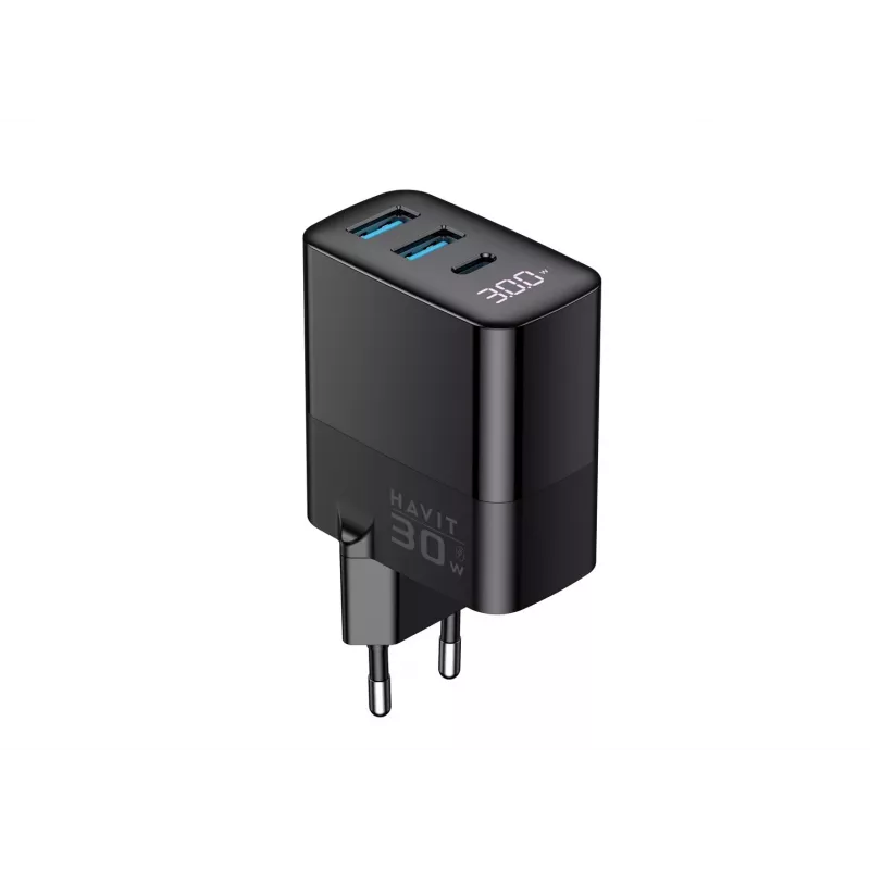 Caricabatterie HAVIT UCLE001 EU GaN tre porte 30 W nero — caricabatterie USB compatto con 3 porte
