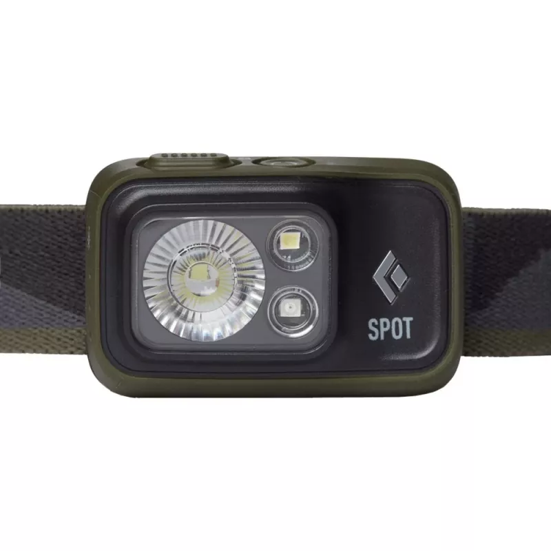 Black Diamond Spot 400 nero, torcia frontale con fascia color oliva