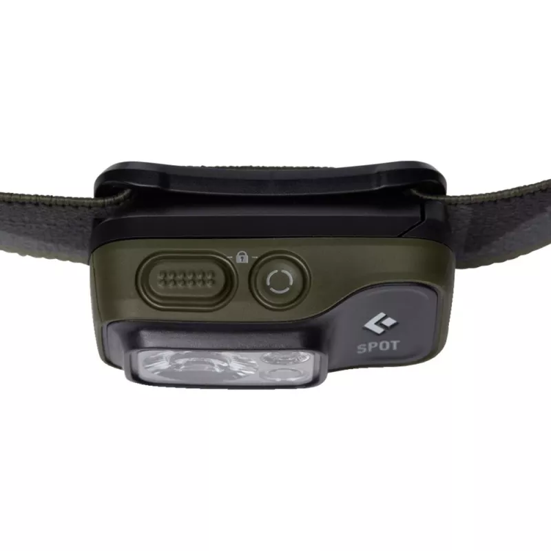Black Diamond Spot 400 nero, torcia frontale con fascia color oliva