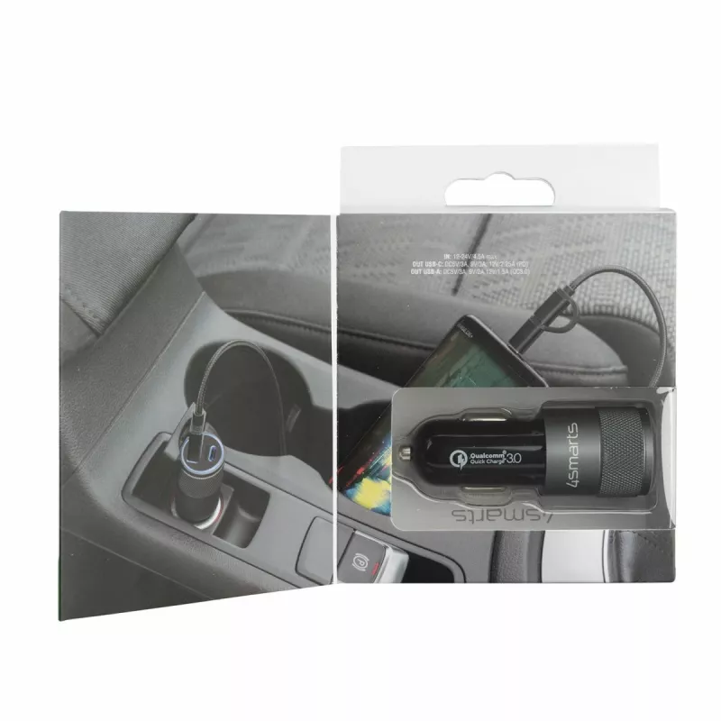 4smarts Rapid+ - alimentatore da auto - 27 Watt - 3 A - QC 3.0, PD - 2 porte di uscita (USB, USB-C a 24 pin)