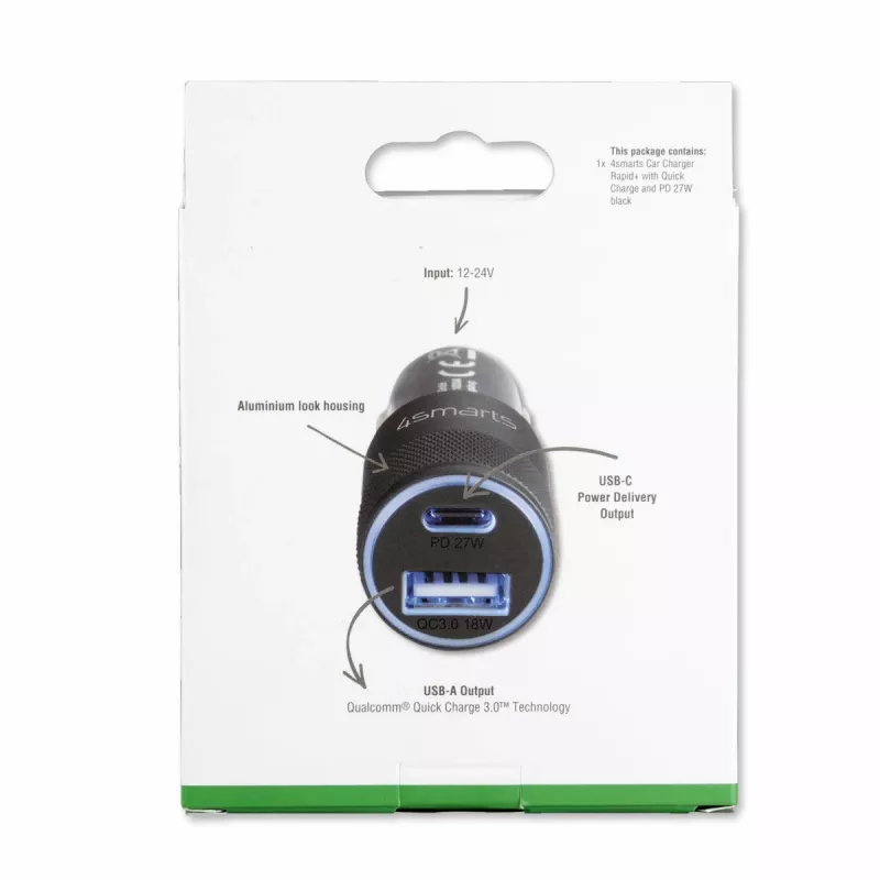 4smarts Rapid+ - alimentatore da auto - 27 Watt - 3 A - QC 3.0, PD - 2 porte di uscita (USB, USB-C a 24 pin)