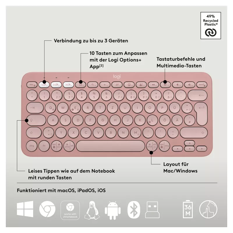 Logitech Pebble 2 Combo tastiera mouse con Universal RF Wireless + Bluetooth QWERTZ tedesco rosa (920-012205)