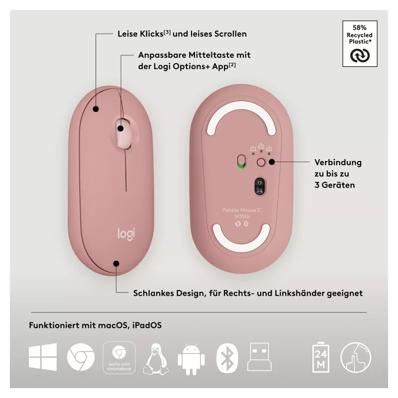 Logitech Pebble 2 Combo tastiera mouse con Universal RF Wireless + Bluetooth QWERTZ tedesco rosa (920-012205)