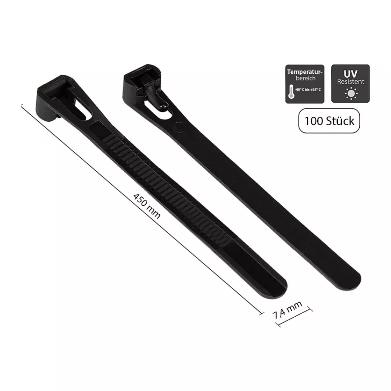 Fascetta per cavi riutilizzabile 450 mm x 7,4 mm, nera, resistente ai raggi UV, da -40 °C a +85 °C, 100 pezzi (KAB-R45S74)