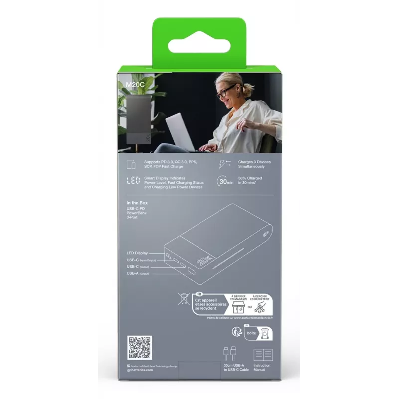 GP Battery GP PowerBank M2+ 20C 20000mAh 2xUSB-C/1xUSB-A nero indicatore LED (GPPBM20CGYMSR287)
