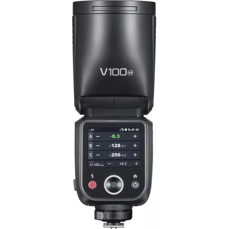 Flash Godox V100‑N per Nikon — flash a slitta TTL portatile con batteria agli ioni di litio