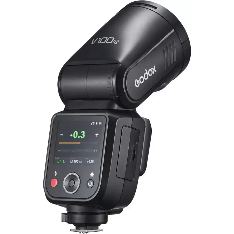 Flash Godox V100‑N per Nikon — flash a slitta TTL portatile con batteria agli ioni di litio