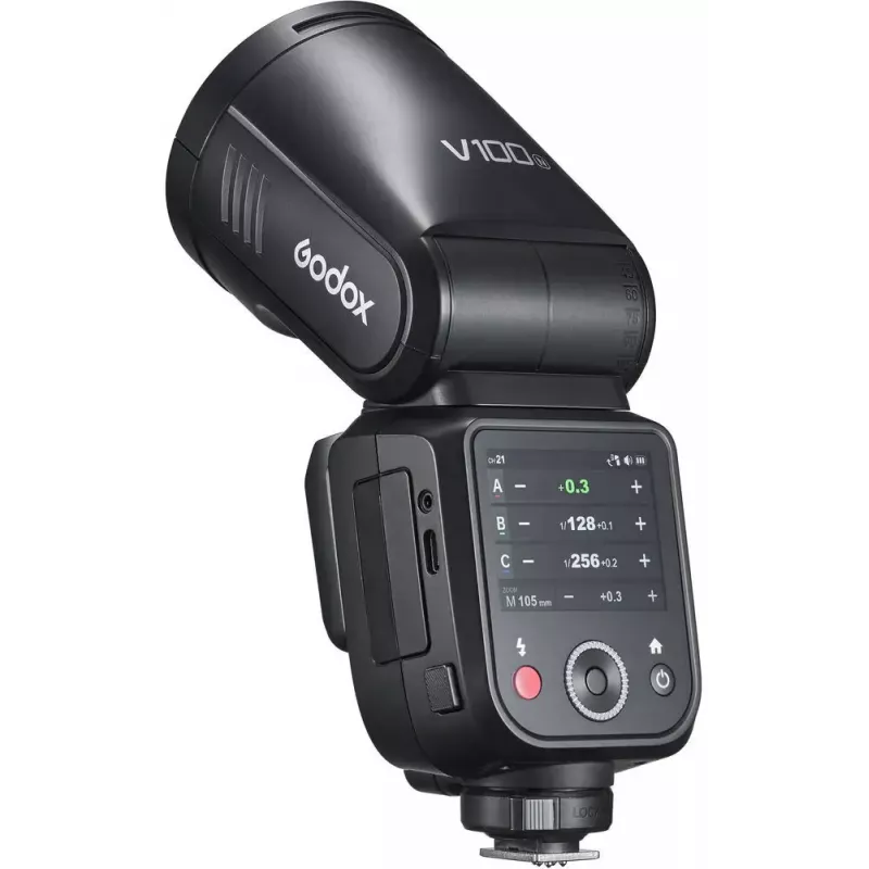 Flash Godox V100‑N per Nikon — flash a slitta TTL portatile con batteria agli ioni di litio