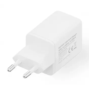 Caricabatterie da parete DIGITUS USB GaN 45W — 1× USB-C, 1× USB-A, ingresso 100–240V, bianco
