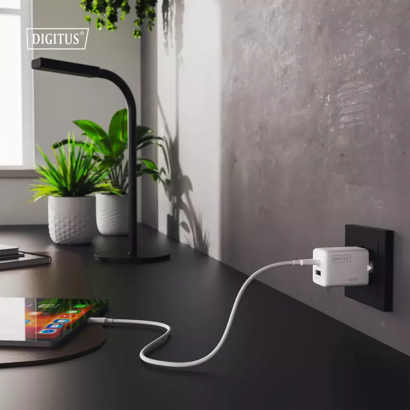 Caricabatterie da parete DIGITUS USB GaN 45W — 1× USB-C, 1× USB-A, ingresso 100–240V, bianco