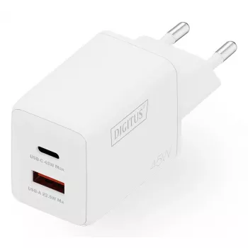 Caricabatterie da parete DIGITUS USB GaN 45W — 1× USB-C, 1× USB-A, ingresso 100–240V, bianco