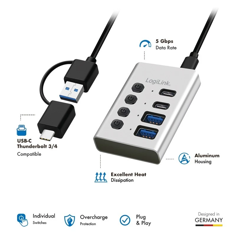 Hub USB 3.2 Gen 1, 4 porte, USB-A/C, interruttore on/off
