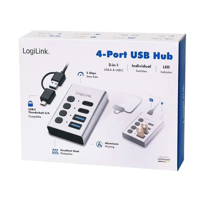 Hub USB 3.2 Gen 1, 4 porte, USB-A/C, interruttore on/off