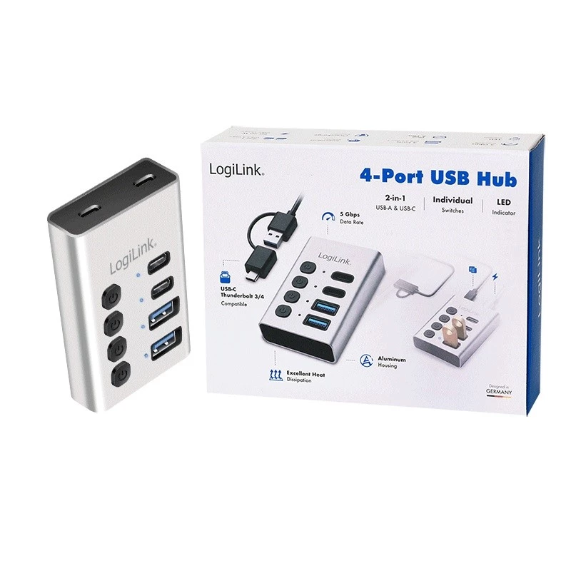 Hub USB 3.2 Gen 1, 4 porte, USB-A/C, interruttore on/off
