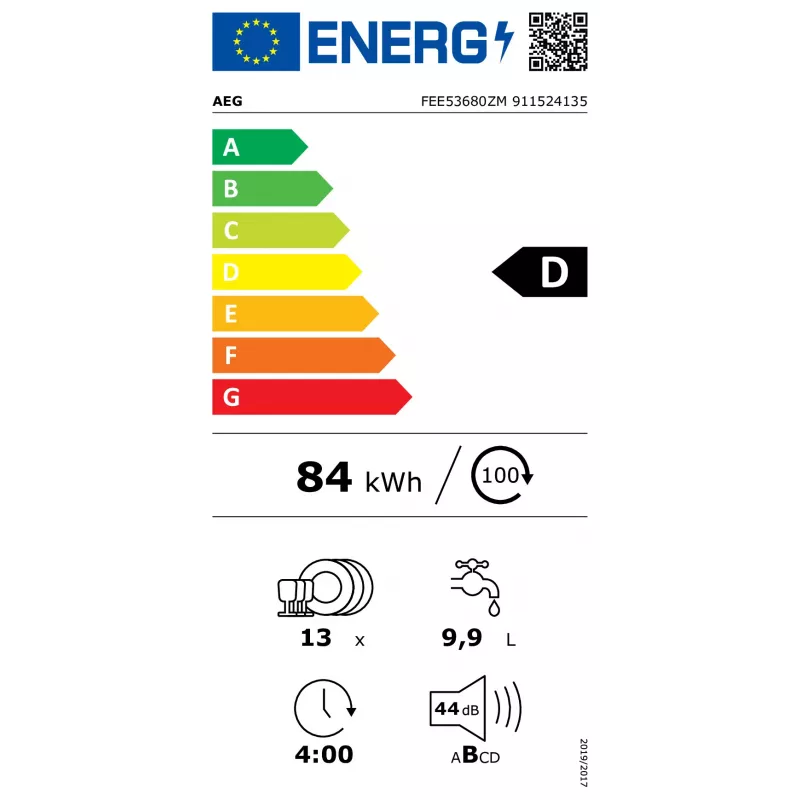 Lavastoviglie completamente incassata AEG FEE53680ZM – 13 coperti, 60 cm, 44 dB, classe energetica D