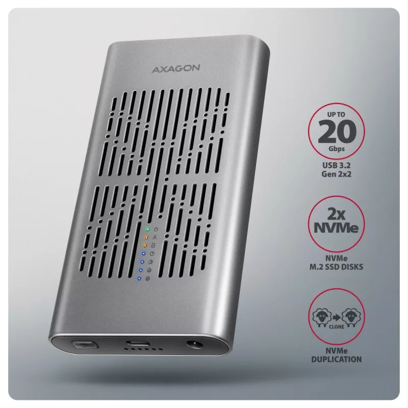 Case esterno AXAGON EEM2-20GD USB-C 20 Gbps per due SSD M.2 NVMe con clonazione hardware