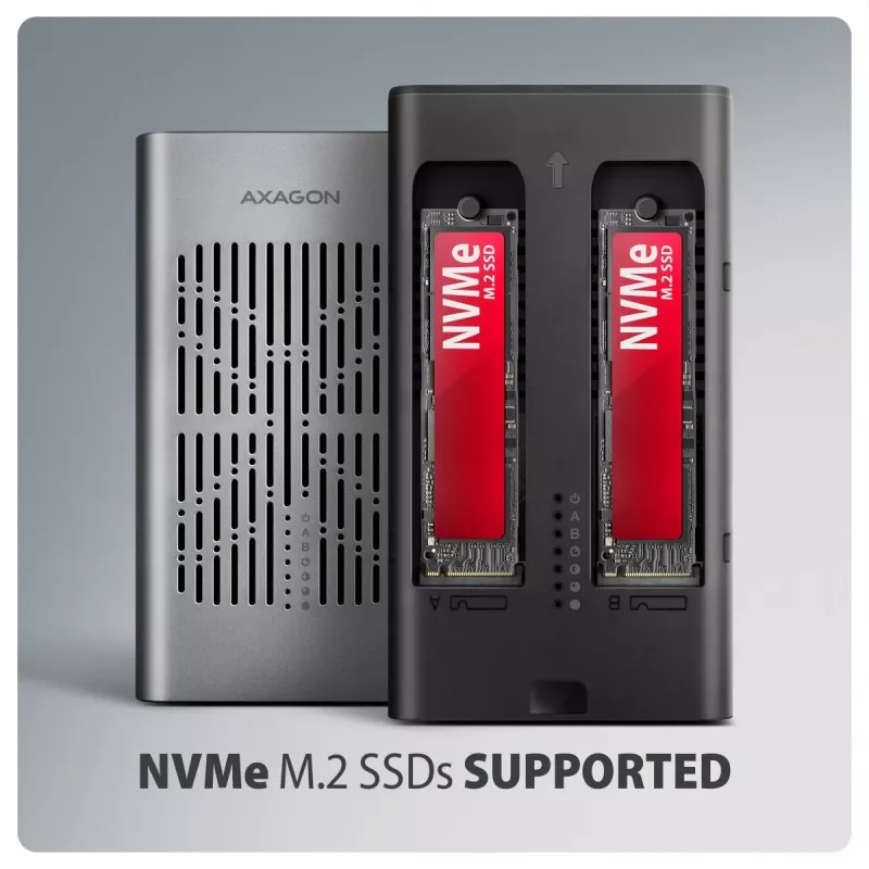 Case esterno AXAGON EEM2-20GD USB-C 20 Gbps per due SSD M.2 NVMe con clonazione hardware